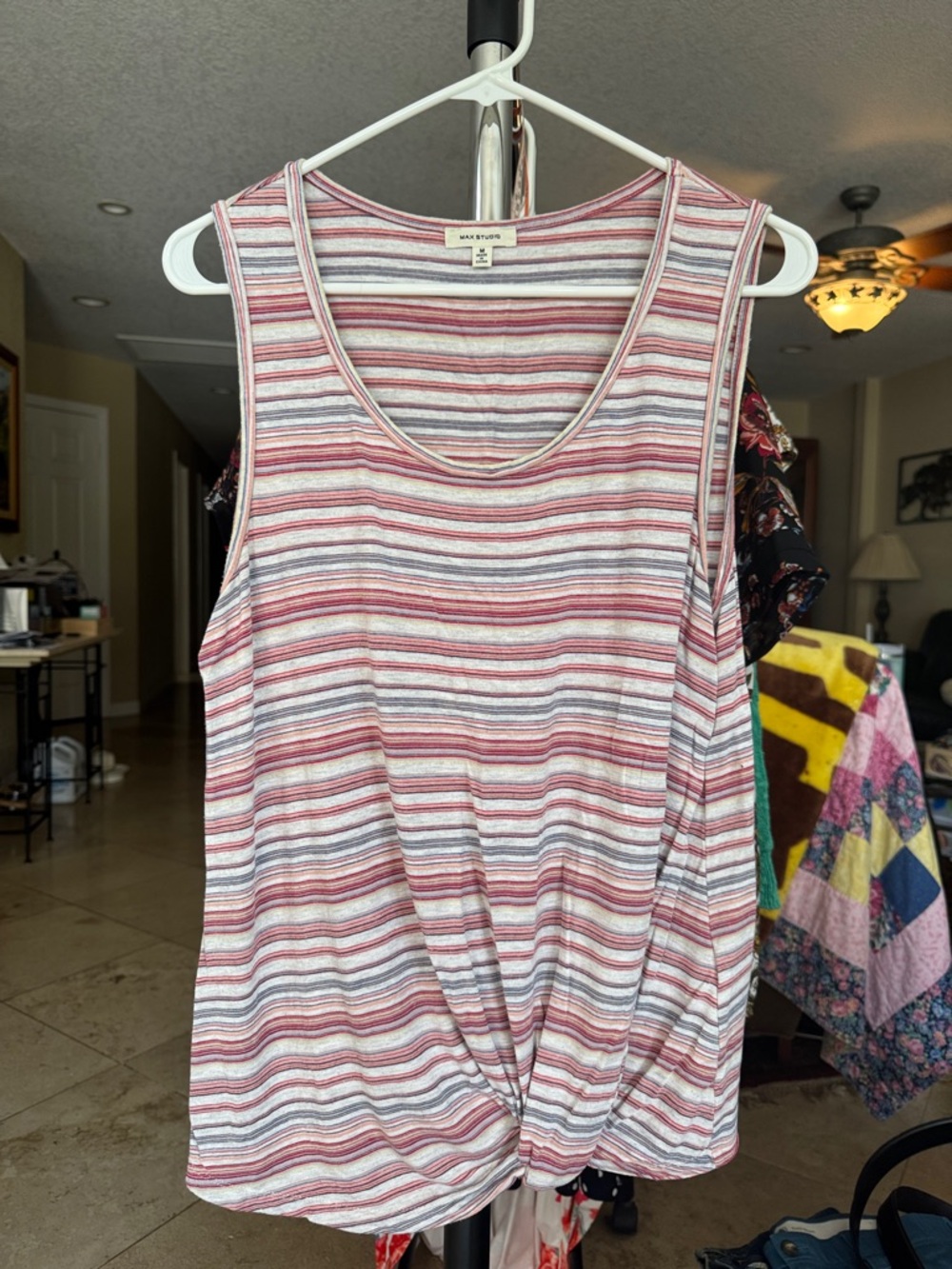 Max Studio Pink and White Striped Twist-Hem Tank